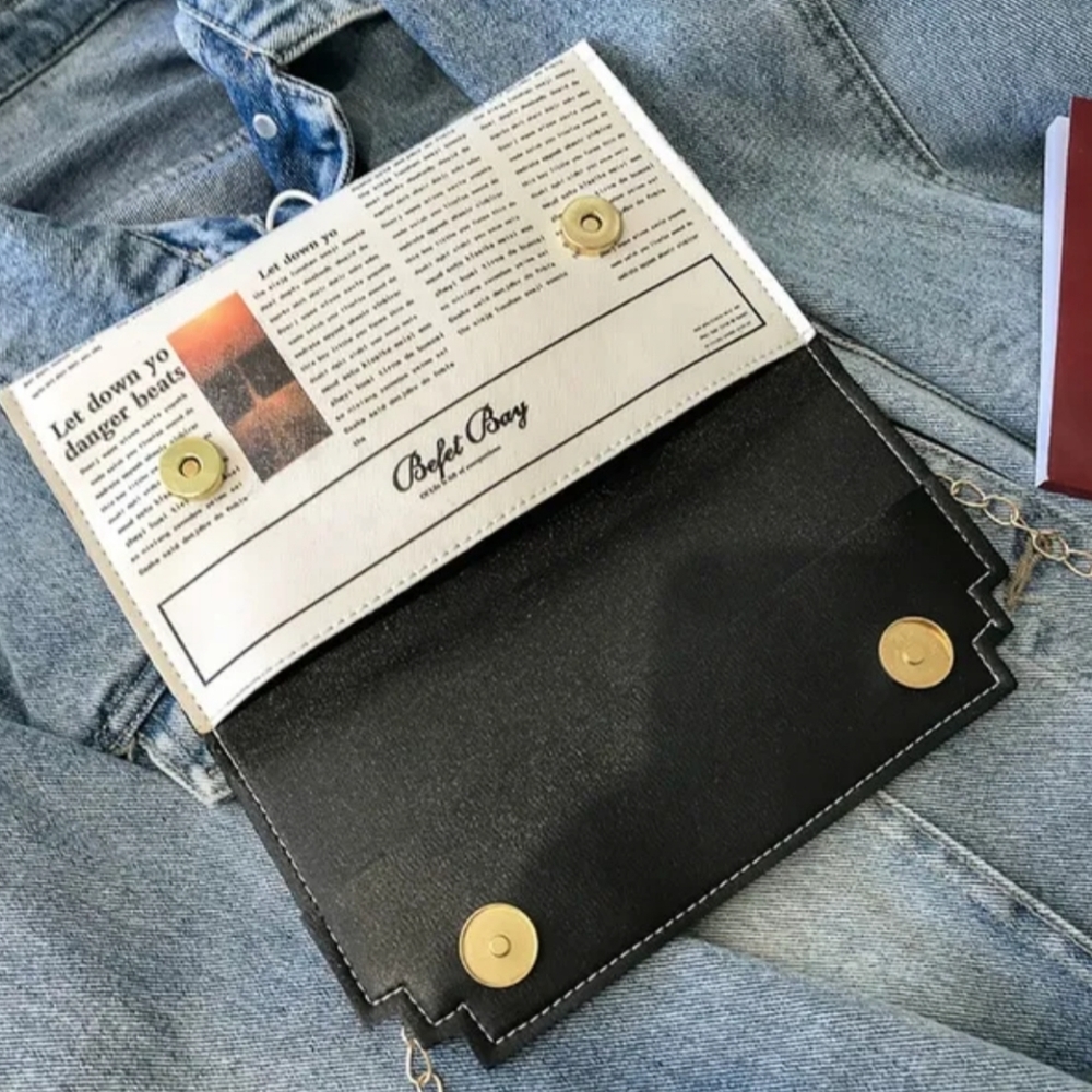 Newspaper Print Flap Crossbody Purse, Clutch, Snap Added Gold Chain New! 8" X 5" - Picture 7 of 17